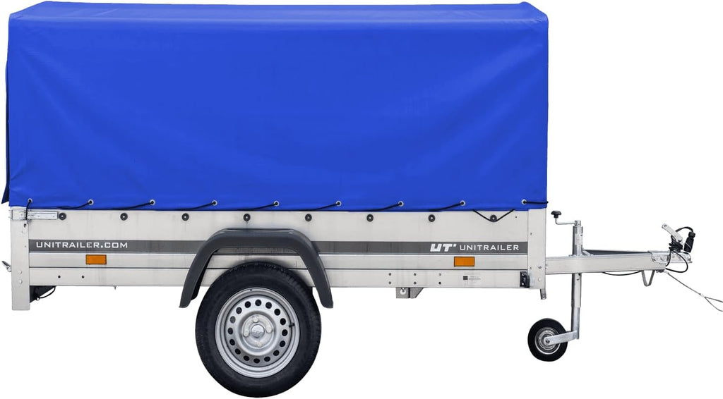 UNITRAILER PKW Anhänger 750 kg – Blaue Hochplane, Kippbare Deichsel, Stützrad & Straßenzulassung inklusive
