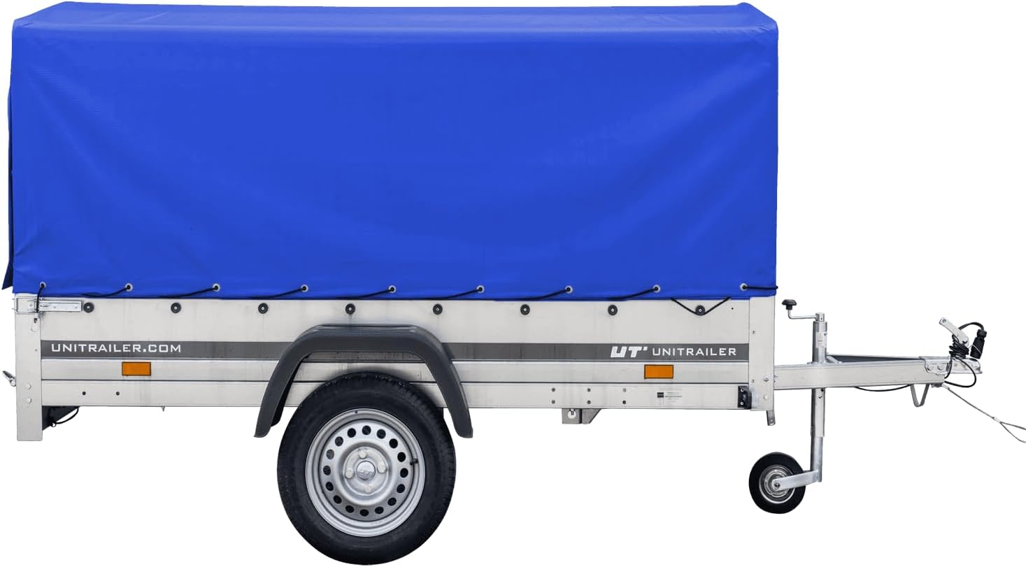 UNITRAILER PKW Anhänger 750 kg – Blaue Hochplane, Kippbare Deichsel, Stützrad & Straßenzulassung inklusive