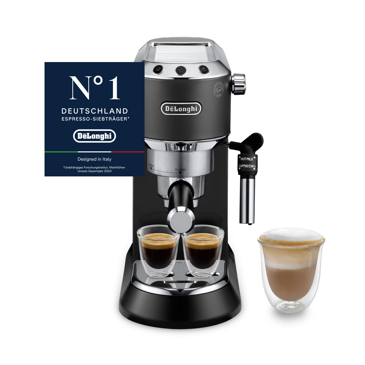 De'Longhi Dedica Duo - Perfetto Kompakte Siebträgermaschine Espressomaschine mit Soft-Touch-Icons, manuellem Milchaufschäumer für Espresso, Cappuccino und Cold Brew, 15cm breit, Metall (EC890.M)