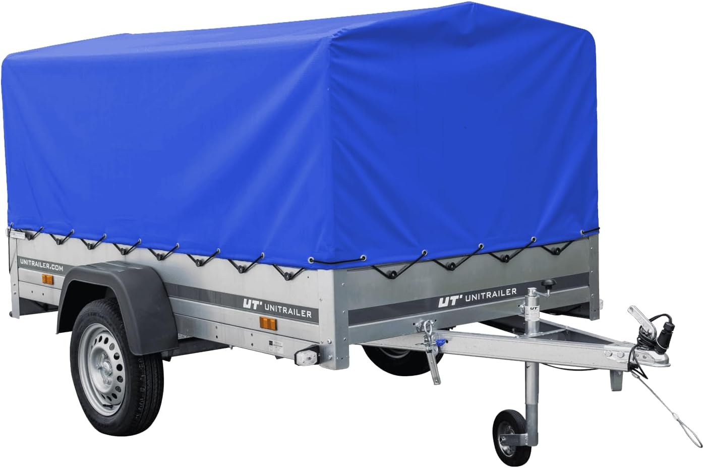 UNITRAILER PKW Anhänger 750 kg – Blaue Hochplane, Kippbare Deichsel, Stützrad & Straßenzulassung inklusive
