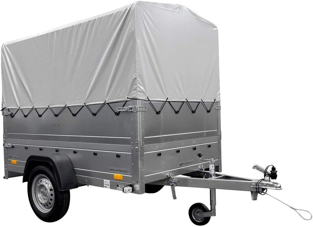 UNITRAILER PKW Anhänger 750 kg – Silber | Hochplane, Bordwände, V-Deichsel, Siebdruckboden & AL-KO/Knott Achse