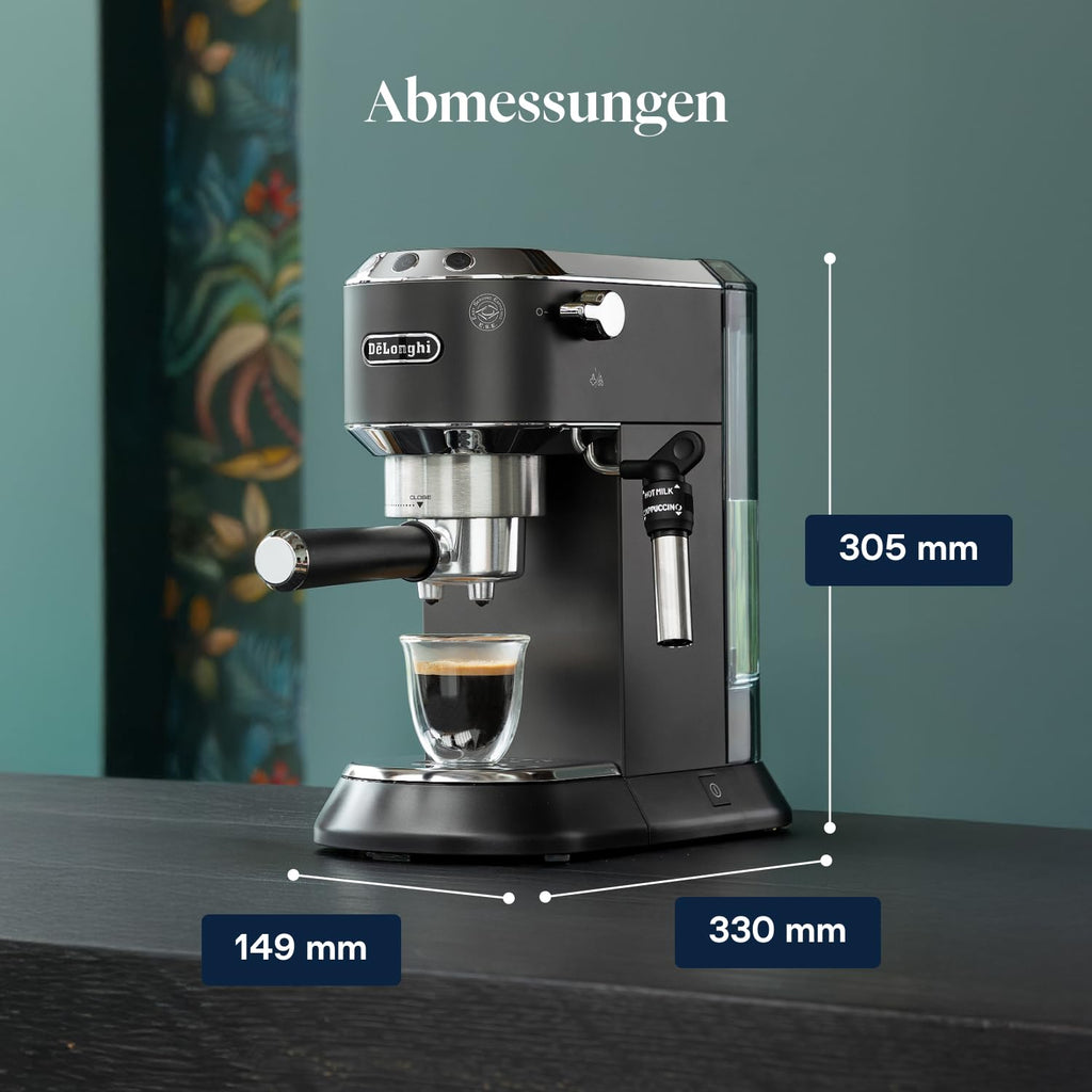 De'Longhi Dedica Duo - Perfetto Kompakte Siebträgermaschine Espressomaschine mit Soft-Touch-Icons, manuellem Milchaufschäumer für Espresso, Cappuccino und Cold Brew, 15cm breit, Metall (EC890.M)