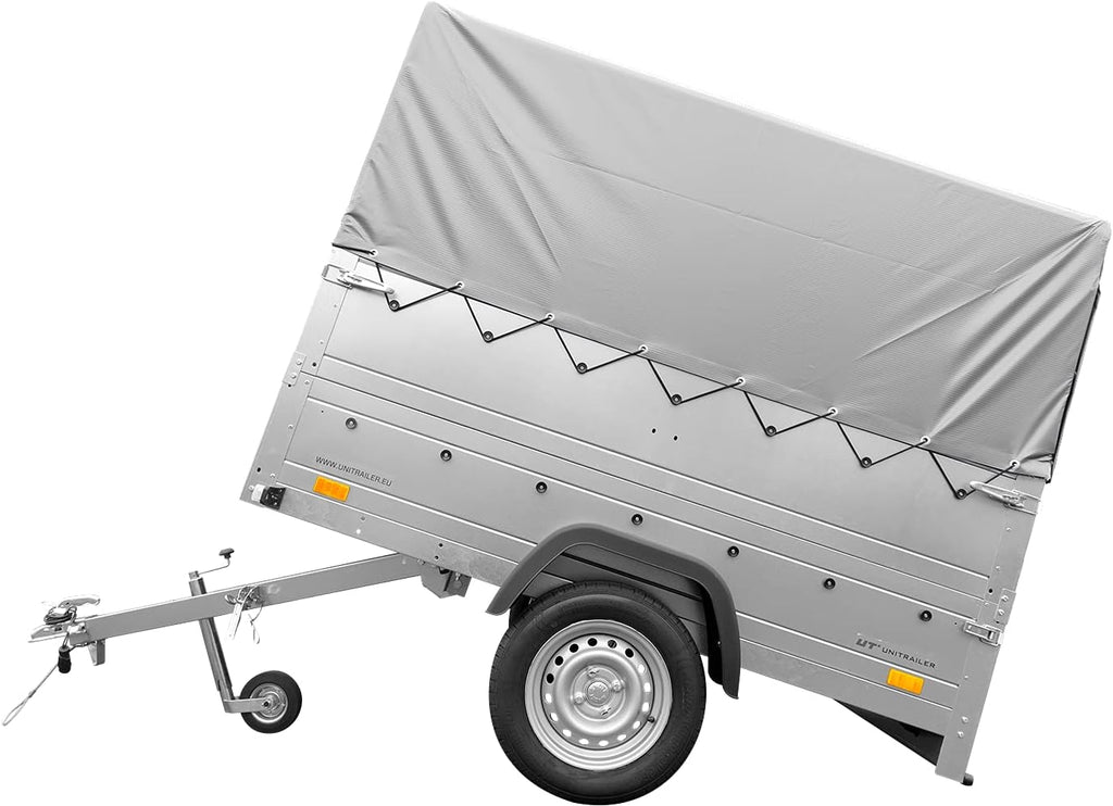 UNITRAILER PKW Anhänger 750 kg – Silber | Hochplane, Bordwände, V-Deichsel, Siebdruckboden & AL-KO/Knott Achse