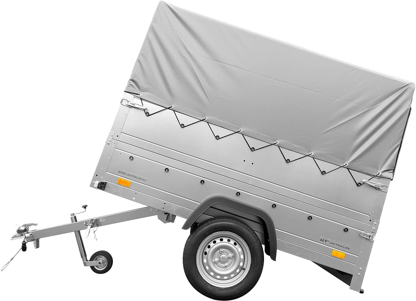 UNITRAILER PKW Anhänger 750 kg – Silber | Hochplane, Bordwände, V-Deichsel, Siebdruckboden & AL-KO/Knott Achse
