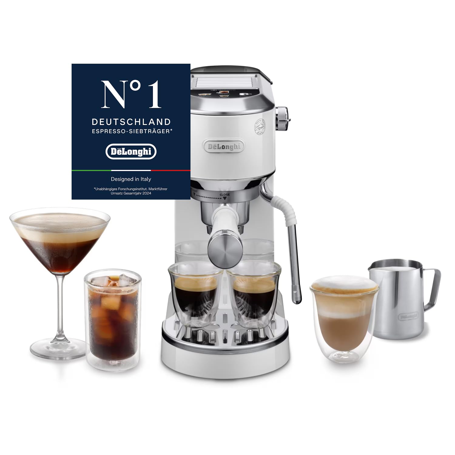 De'Longhi Dedica Duo - Perfetto Kompakte Siebträgermaschine Espressomaschine mit Soft-Touch-Icons, manuellem Milchaufschäumer für Espresso, Cappuccino und Cold Brew, 15cm breit, Metall (EC890.M)