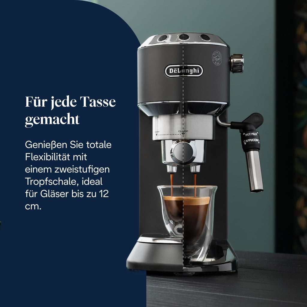 De'Longhi Dedica Duo - Perfetto Kompakte Siebträgermaschine Espressomaschine mit Soft-Touch-Icons, manuellem Milchaufschäumer für Espresso, Cappuccino und Cold Brew, 15cm breit, Metall (EC890.M)