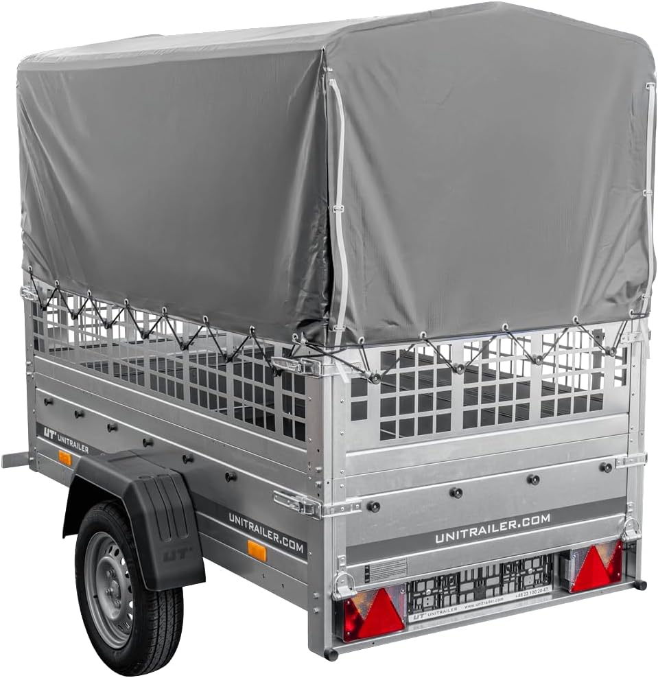 UNITRAILER Garden Trailer 200 KIPP 750 kg – Gitteraufsatz, Hochplane Grau, Kippbare Deichsel & Verstärkte Stahlstruktur