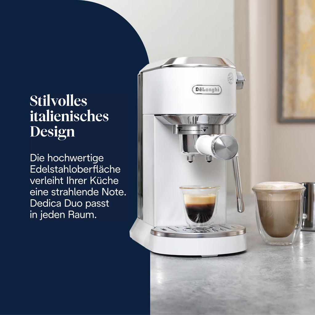De'Longhi Dedica Duo - Perfetto Kompakte Siebträgermaschine Espressomaschine mit Soft-Touch-Icons, manuellem Milchaufschäumer für Espresso, Cappuccino und Cold Brew, 15cm breit, Metall (EC890.M)