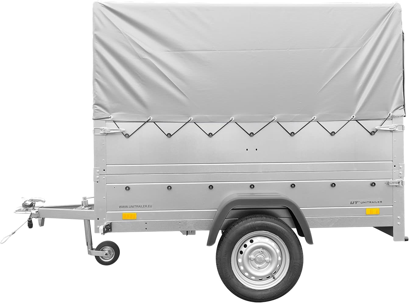 UNITRAILER PKW Anhänger 750 kg – Silber | Hochplane, Bordwände, V-Deichsel, Siebdruckboden & AL-KO/Knott Achse