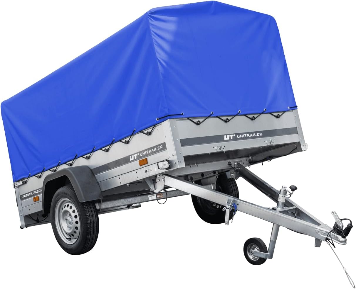 UNITRAILER PKW Anhänger 750 kg – Blaue Hochplane, Kippbare Deichsel, Stützrad & Straßenzulassung inklusive