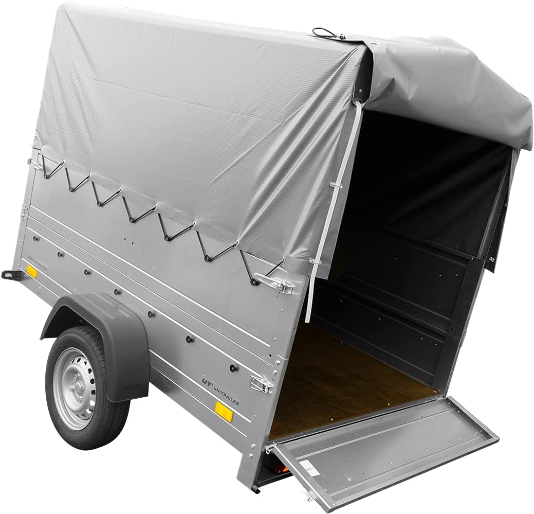 UNITRAILER PKW Anhänger 750 kg – Silber | Hochplane, Bordwände, V-Deichsel, Siebdruckboden & AL-KO/Knott Achse