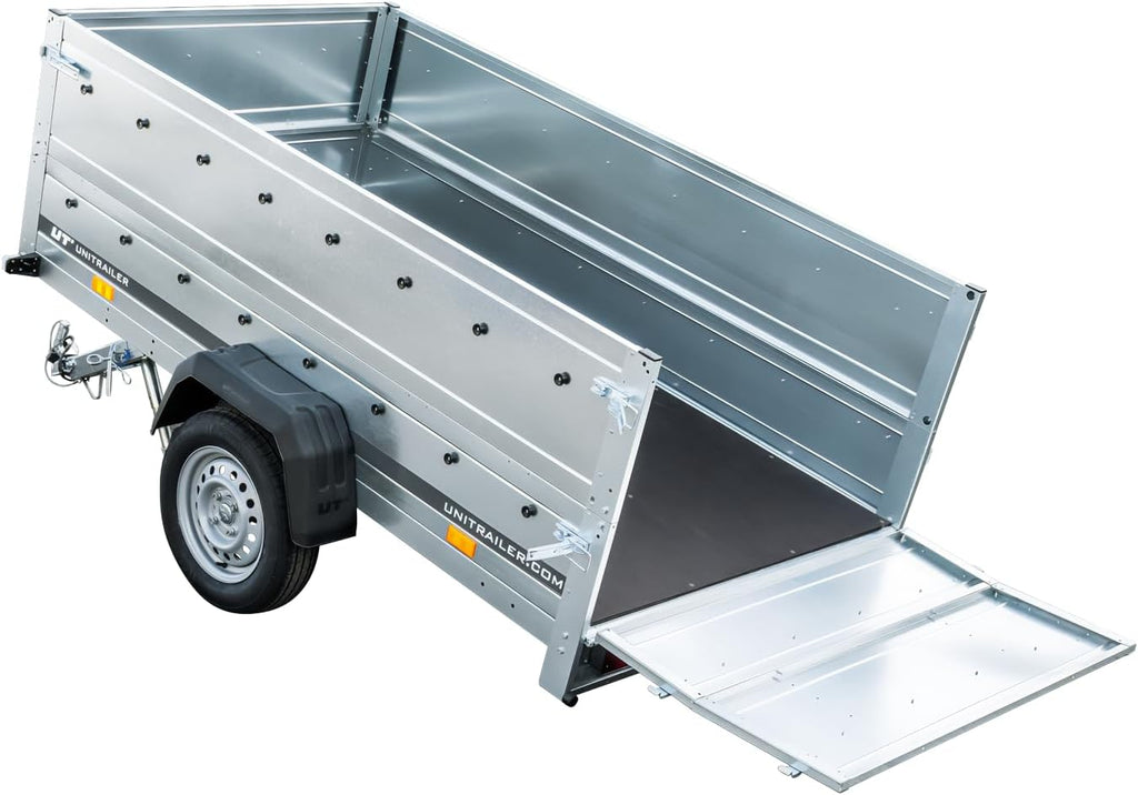 UNITRAILER Klappanhänger 750 kg – Silber | Robuster Stahlanhänger mit Bordwänden, Kippmechanismus & Plane