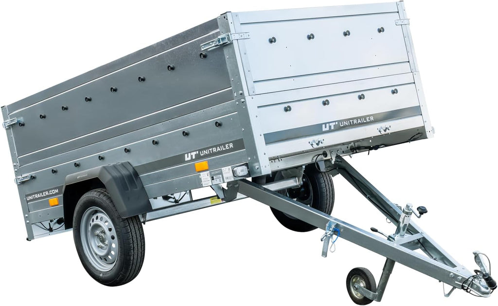 UNITRAILER Klappanhänger 750 kg – Silber | Robuster Stahlanhänger mit Bordwänden, Kippmechanismus & Plane