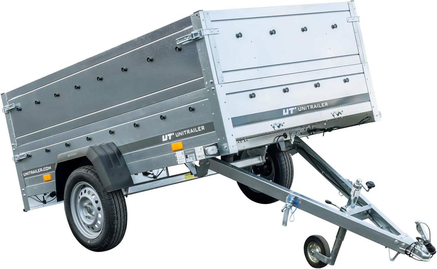 UNITRAILER Klappanhänger 750 kg – Silber | Robuster Stahlanhänger mit Bordwänden, Kippmechanismus & Plane