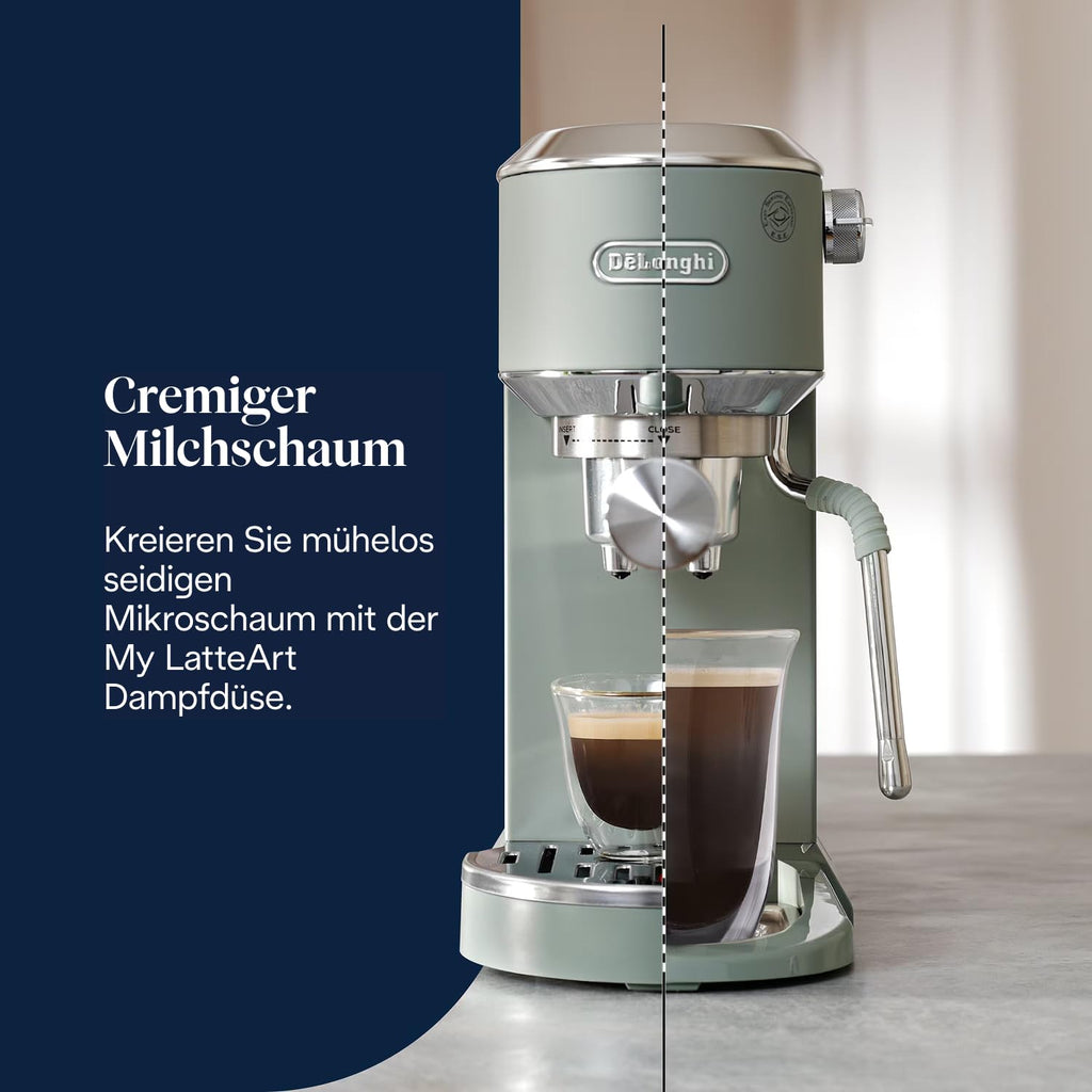 De'Longhi Dedica Duo - Perfetto Kompakte Siebträgermaschine Espressomaschine mit Soft-Touch-Icons, manuellem Milchaufschäumer für Espresso, Cappuccino und Cold Brew, 15cm breit, Metall (EC890.M)