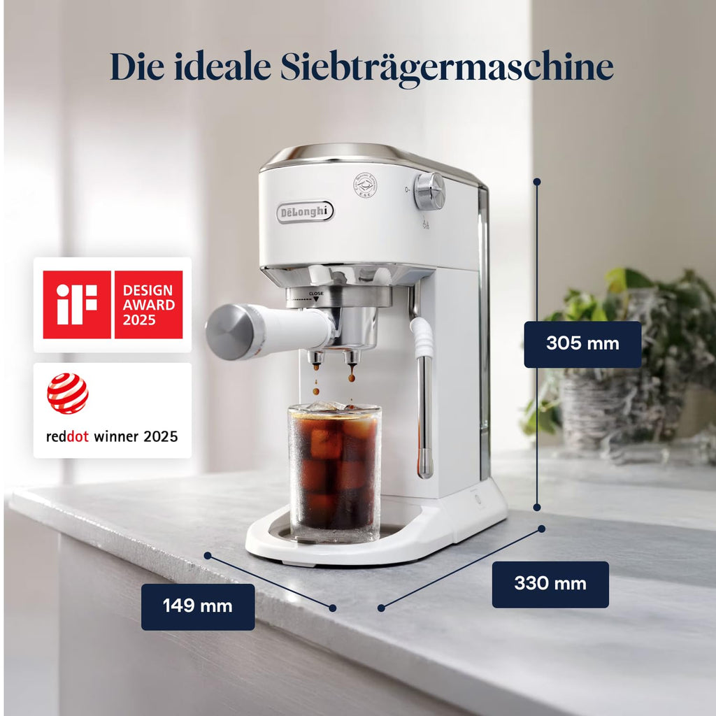 De'Longhi Dedica Duo - Perfetto Kompakte Siebträgermaschine Espressomaschine mit Soft-Touch-Icons, manuellem Milchaufschäumer für Espresso, Cappuccino und Cold Brew, 15cm breit, Metall (EC890.M)