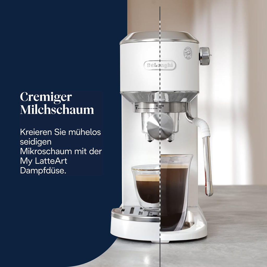 De'Longhi Dedica Duo - Perfetto Kompakte Siebträgermaschine Espressomaschine mit Soft-Touch-Icons, manuellem Milchaufschäumer für Espresso, Cappuccino und Cold Brew, 15cm breit, Metall (EC890.M)