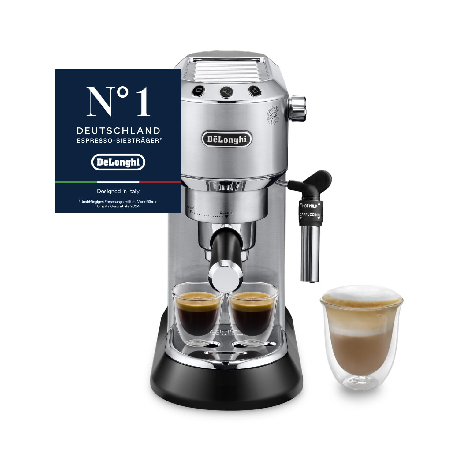 De'Longhi Dedica Duo - Perfetto Kompakte Siebträgermaschine Espressomaschine mit Soft-Touch-Icons, manuellem Milchaufschäumer für Espresso, Cappuccino und Cold Brew, 15cm breit, Metall (EC890.M)