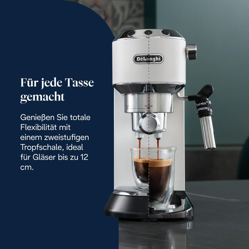 De'Longhi Dedica Duo - Perfetto Kompakte Siebträgermaschine Espressomaschine mit Soft-Touch-Icons, manuellem Milchaufschäumer für Espresso, Cappuccino und Cold Brew, 15cm breit, Metall (EC890.M)