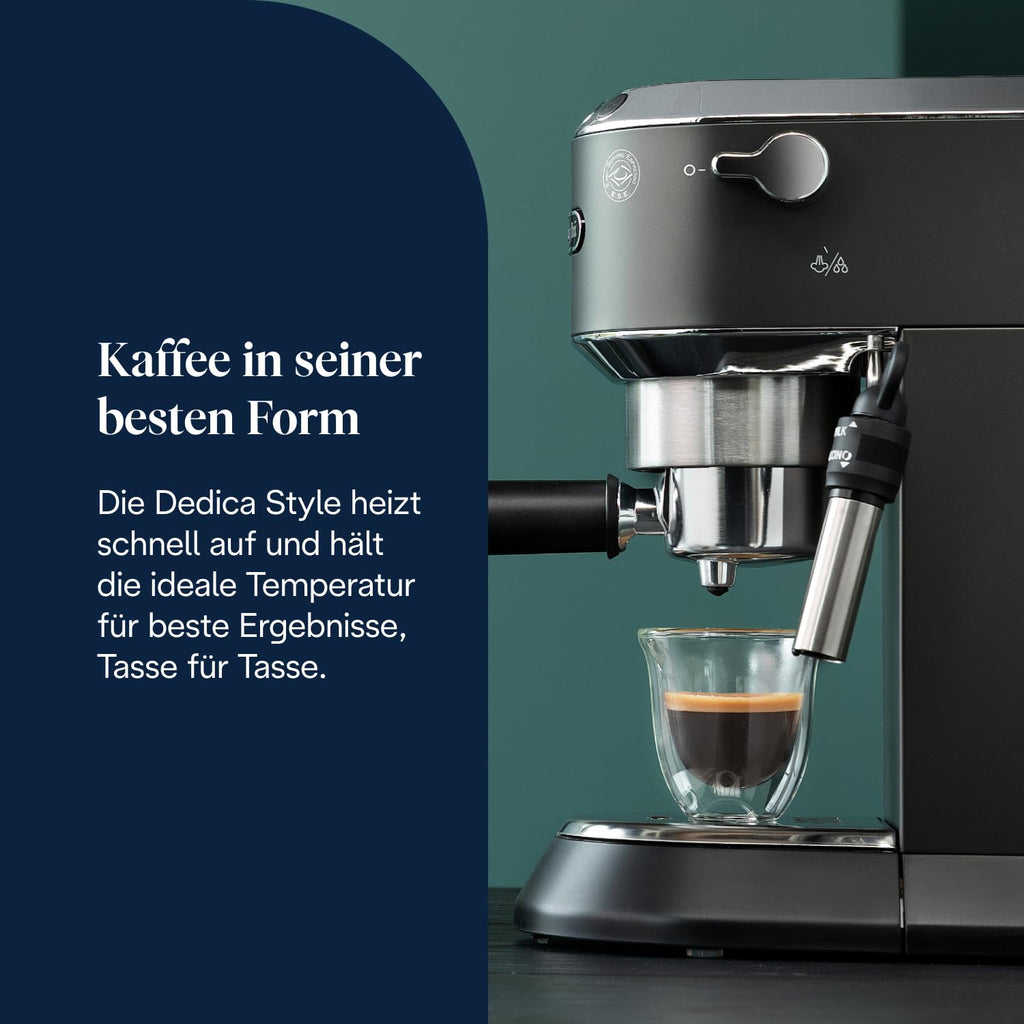 De'Longhi Dedica Duo - Perfetto Kompakte Siebträgermaschine Espressomaschine mit Soft-Touch-Icons, manuellem Milchaufschäumer für Espresso, Cappuccino und Cold Brew, 15cm breit, Metall (EC890.M)