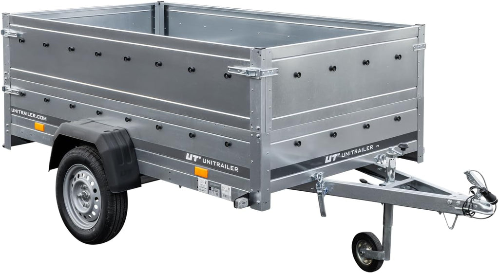 UNITRAILER Klappanhänger 750 kg – Silber | Robuster Stahlanhänger mit Bordwänden, Kippmechanismus & Plane