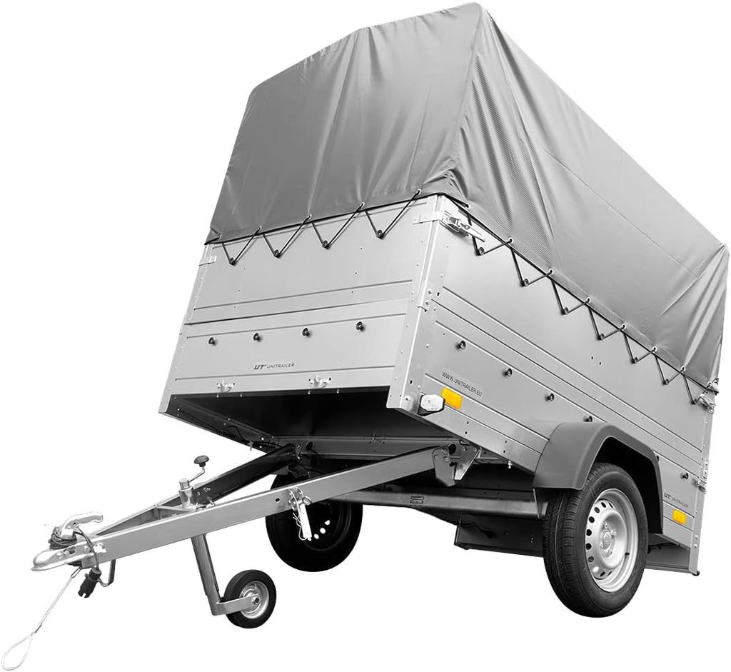 UNITRAILER PKW Anhänger 750 kg – Silber | Hochplane, Bordwände, V-Deichsel, Siebdruckboden & AL-KO/Knott Achse