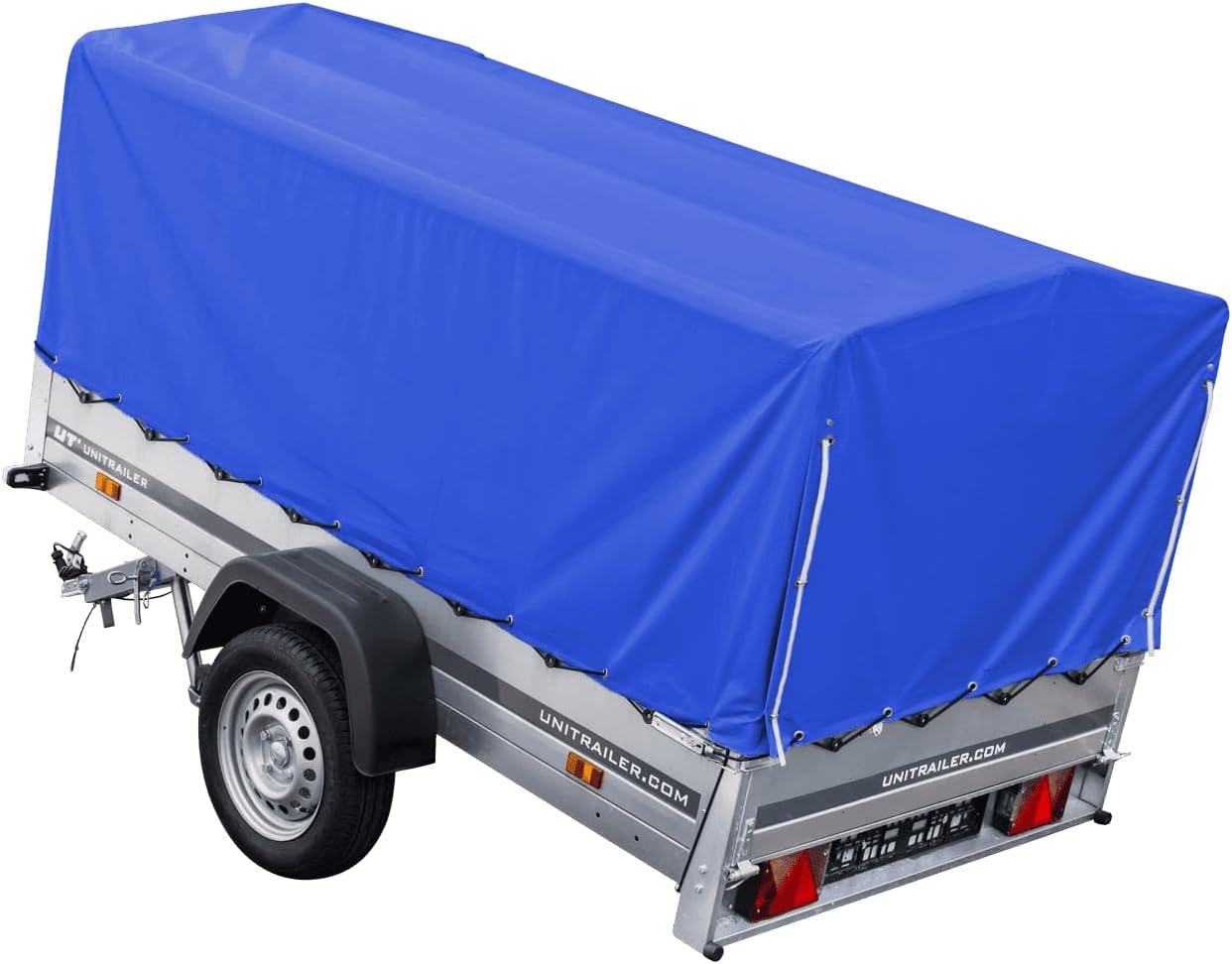 UNITRAILER PKW Anhänger 750 kg – Blaue Hochplane, Kippbare Deichsel, Stützrad & Straßenzulassung inklusive