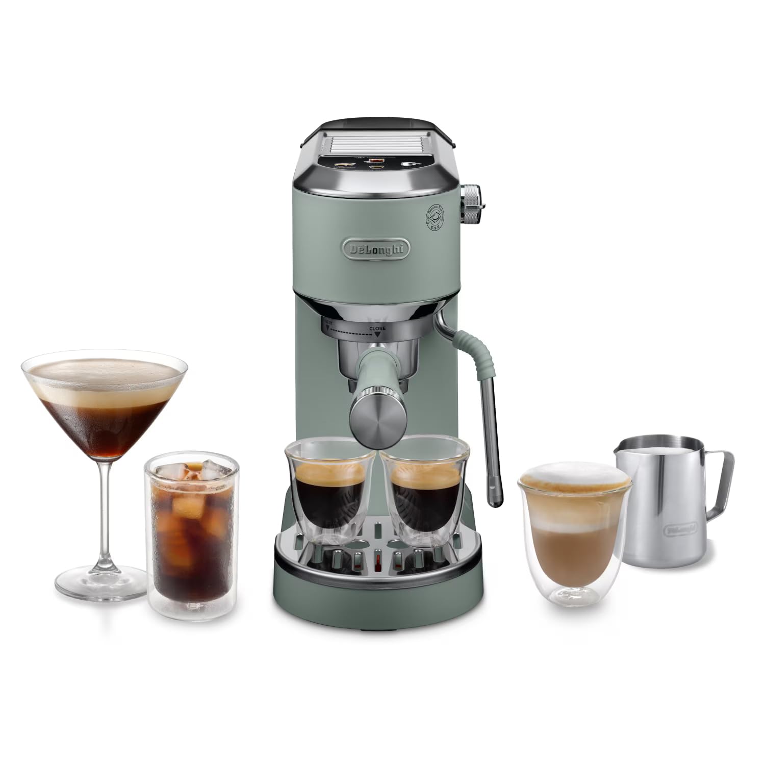 De'Longhi Dedica Duo - Perfetto Kompakte Siebträgermaschine Espressomaschine mit Soft-Touch-Icons, manuellem Milchaufschäumer für Espresso, Cappuccino und Cold Brew, 15cm breit, Metall (EC890.M)