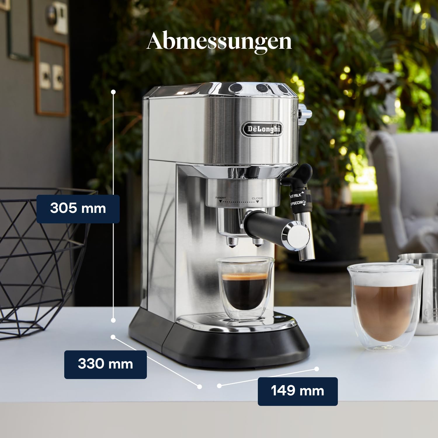 De'Longhi Dedica Duo - Perfetto Kompakte Siebträgermaschine Espressomaschine mit Soft-Touch-Icons, manuellem Milchaufschäumer für Espresso, Cappuccino und Cold Brew, 15cm breit, Metall (EC890.M)