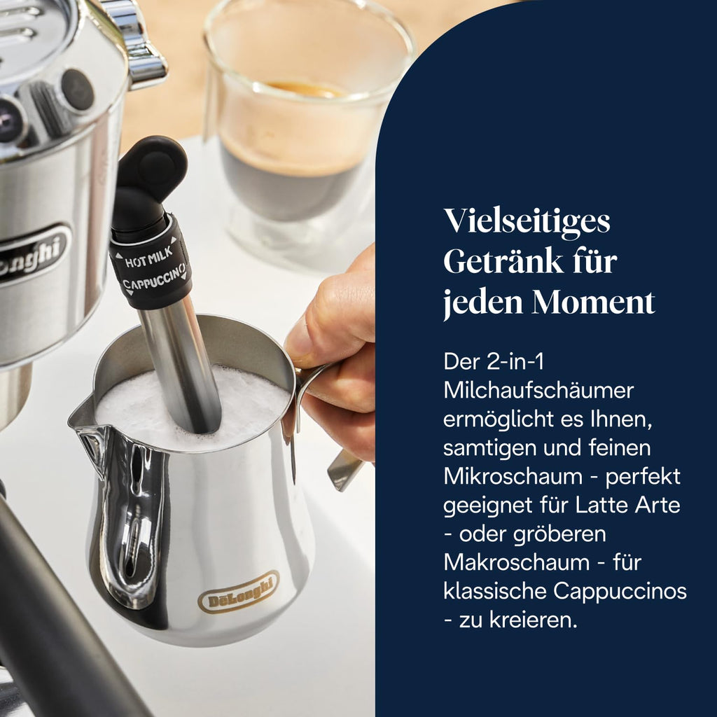 De'Longhi Dedica Duo - Perfetto Kompakte Siebträgermaschine Espressomaschine mit Soft-Touch-Icons, manuellem Milchaufschäumer für Espresso, Cappuccino und Cold Brew, 15cm breit, Metall (EC890.M)