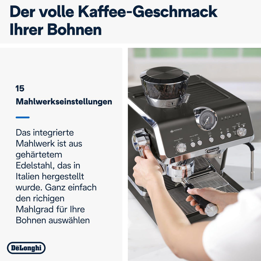 De'Longhi Siebträgermaschine La Specialista Arte EC9155.MB, Espressomaschine mit Mahlwerk, 8 Mahlgrade, 15 Bar, 3 Temperaturen, Milchschaumdüse, 1550W, 1,7L Tank, Edelstahl/Schwarz inkl. Barista-Kit