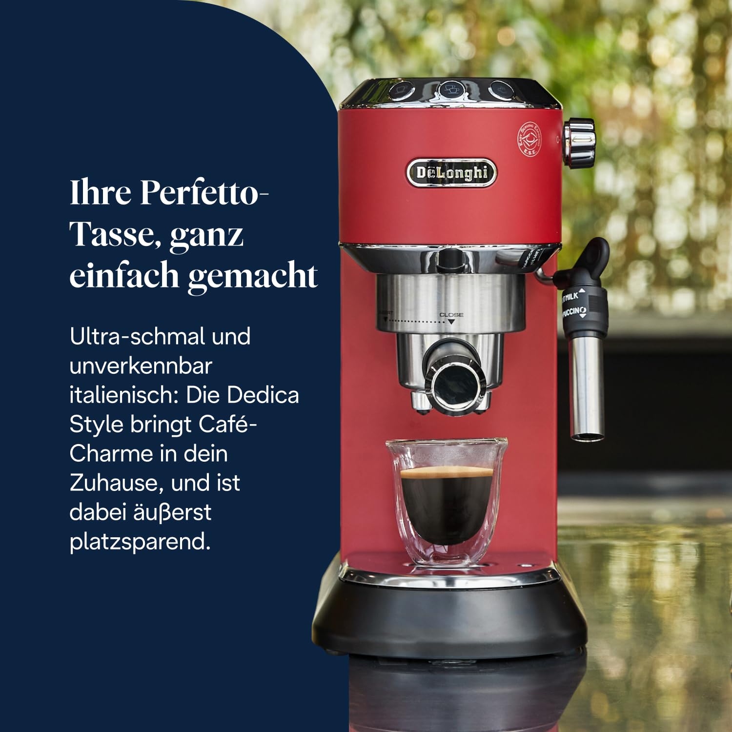 De'Longhi Dedica Duo - Perfetto Kompakte Siebträgermaschine Espressomaschine mit Soft-Touch-Icons, manuellem Milchaufschäumer für Espresso, Cappuccino und Cold Brew, 15cm breit, Metall (EC890.M)