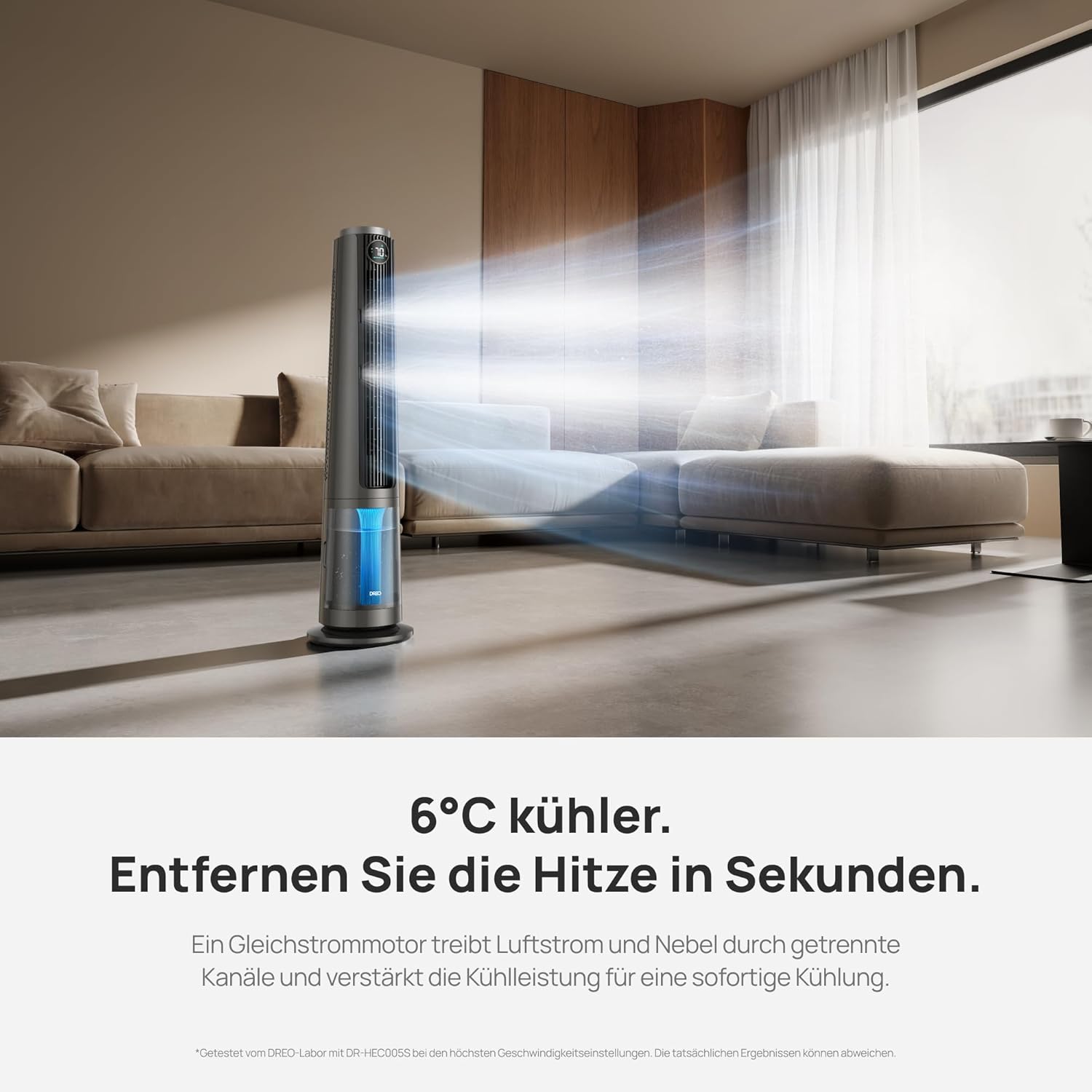 DREO TurboCool Nebelventilator 765S, 3-in-1 Turmventilator mit Ultraschall, WLAN & App-Steuerung, 6 L Tank, 10.4 m/s Luftstrom, 20 dB leiser DC-Motor, 90° Oszillation, 12 Geschwindigkeiten, 4 Modi