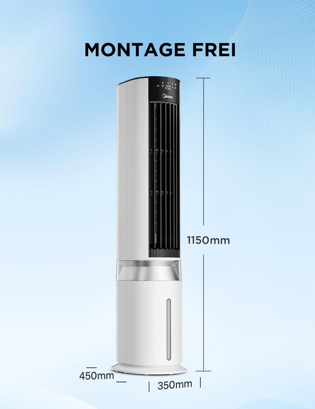 Midea MCF23XRB(WH) Luftkühler, Klimaanlage mobil, 2000m³/h Luftstrom, Sensicool Smart Temp, Ionisator, 6 Geschwindigkeiten, 5 Modi, 12-Stunden-Timer, Touch-Display, 7L Wassertank, Weiß