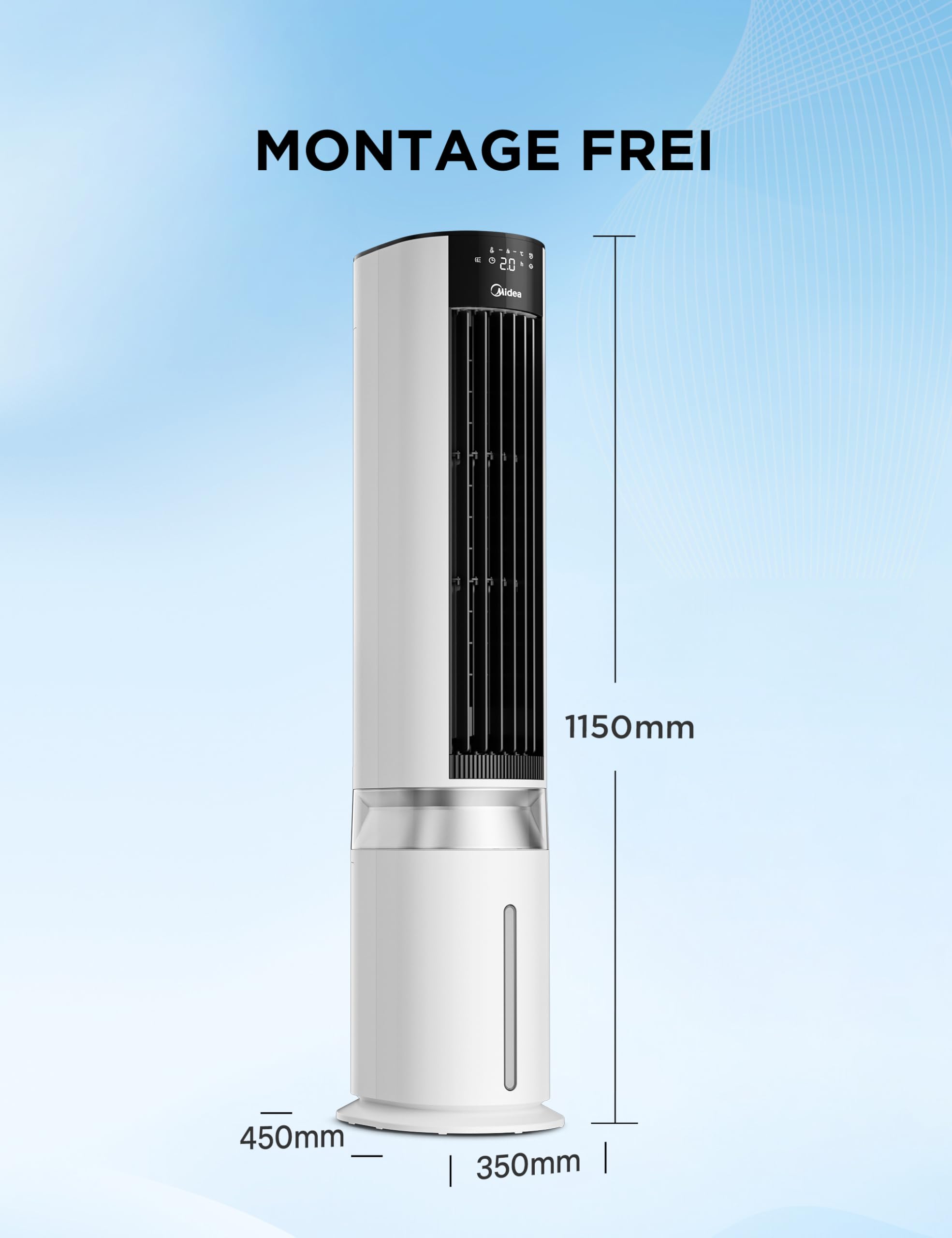 Midea MCF23XRB(WH) Luftkühler, Klimaanlage mobil, 2000m³/h Luftstrom, Sensicool Smart Temp, Ionisator, 6 Geschwindigkeiten, 5 Modi, 12-Stunden-Timer, Touch-Display, 7L Wassertank, Weiß