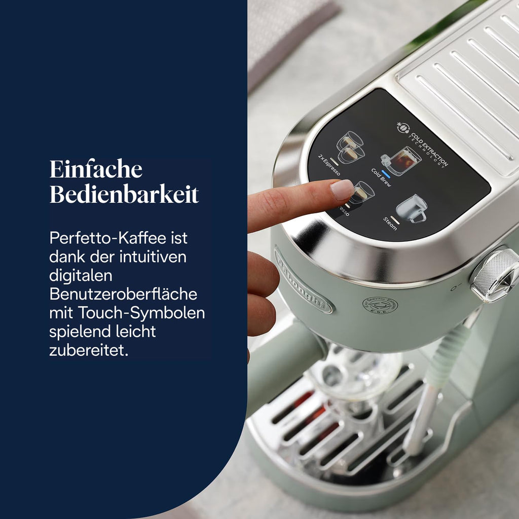 De'Longhi Dedica Duo - Perfetto Kompakte Siebträgermaschine Espressomaschine mit Soft-Touch-Icons, manuellem Milchaufschäumer für Espresso, Cappuccino und Cold Brew, 15cm breit, Metall (EC890.M)