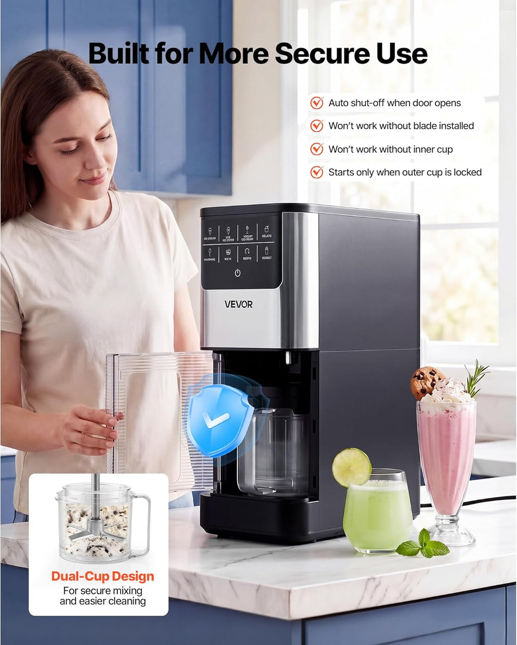 VEVOR Eismaschine, 7-in-1-Gerät für Gelato, Sorbet, Milchshake, Frozen Yogurt & Light-Eiscreme, Hausgemachte Eismaschine mit Ein-Knopf-Funktion zum Einrühren und Nachdrehen, Glatte Cremige Textur