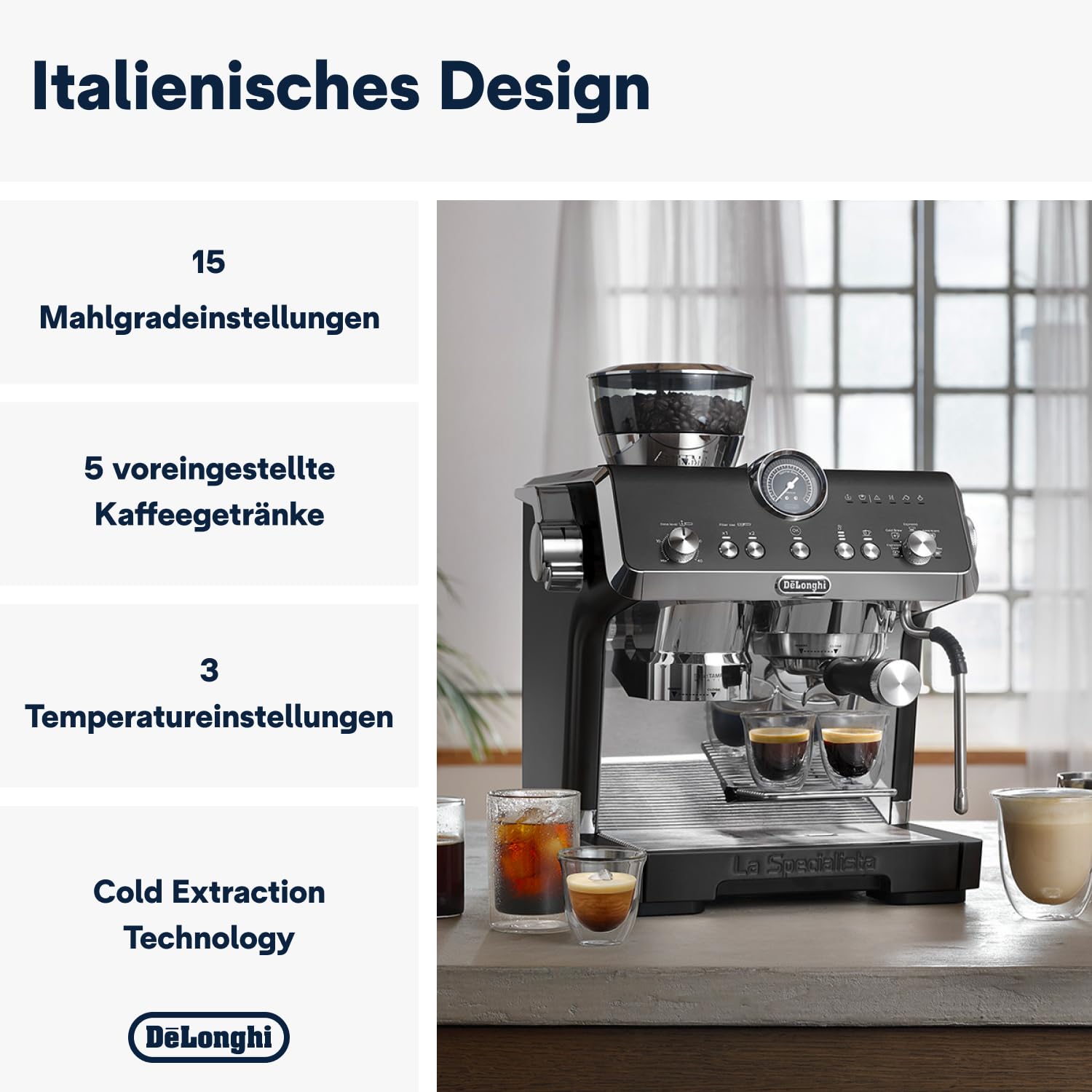 De'Longhi Siebträgermaschine La Specialista Arte EC9155.MB, Espressomaschine mit Mahlwerk, 8 Mahlgrade, 15 Bar, 3 Temperaturen, Milchschaumdüse, 1550W, 1,7L Tank, Edelstahl/Schwarz inkl. Barista-Kit