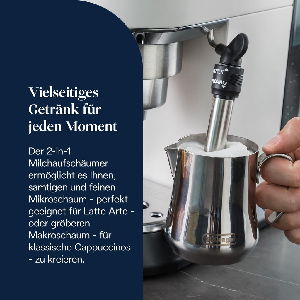 De'Longhi Dedica Duo - Perfetto Kompakte Siebträgermaschine Espressomaschine mit Soft-Touch-Icons, manuellem Milchaufschäumer für Espresso, Cappuccino und Cold Brew, 15cm breit, Metall (EC890.M)