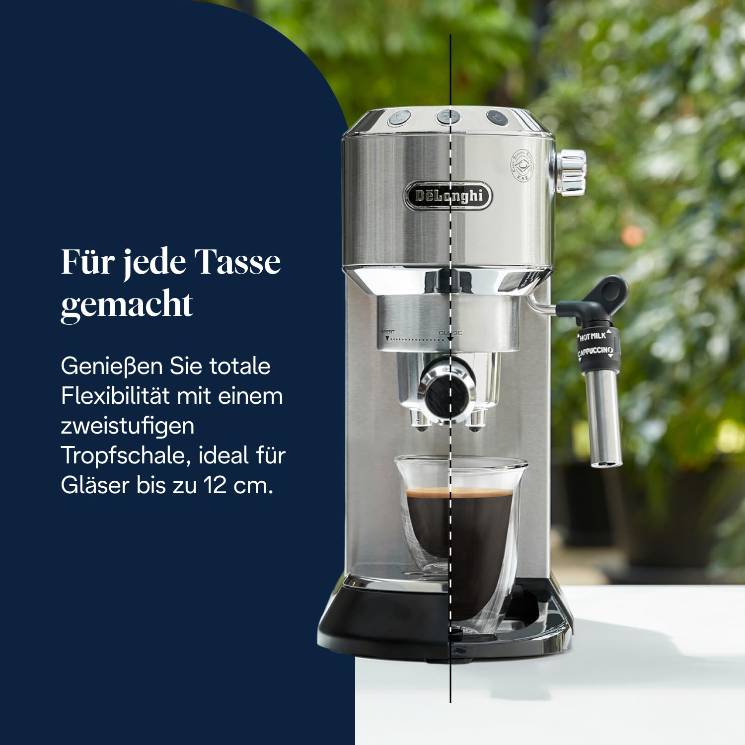 De'Longhi Dedica Duo - Perfetto Kompakte Siebträgermaschine Espressomaschine mit Soft-Touch-Icons, manuellem Milchaufschäumer für Espresso, Cappuccino und Cold Brew, 15cm breit, Metall (EC890.M)