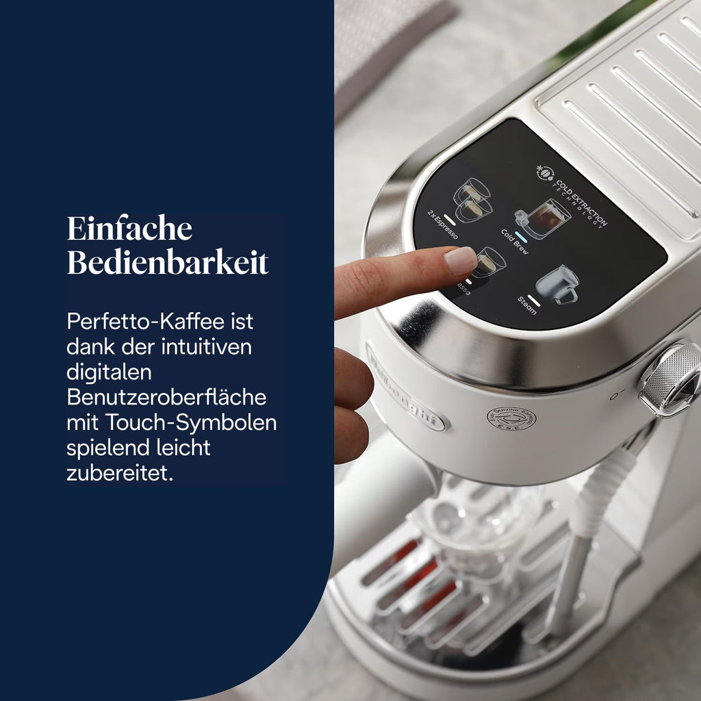 De'Longhi Dedica Duo - Perfetto Kompakte Siebträgermaschine Espressomaschine mit Soft-Touch-Icons, manuellem Milchaufschäumer für Espresso, Cappuccino und Cold Brew, 15cm breit, Metall (EC890.M)