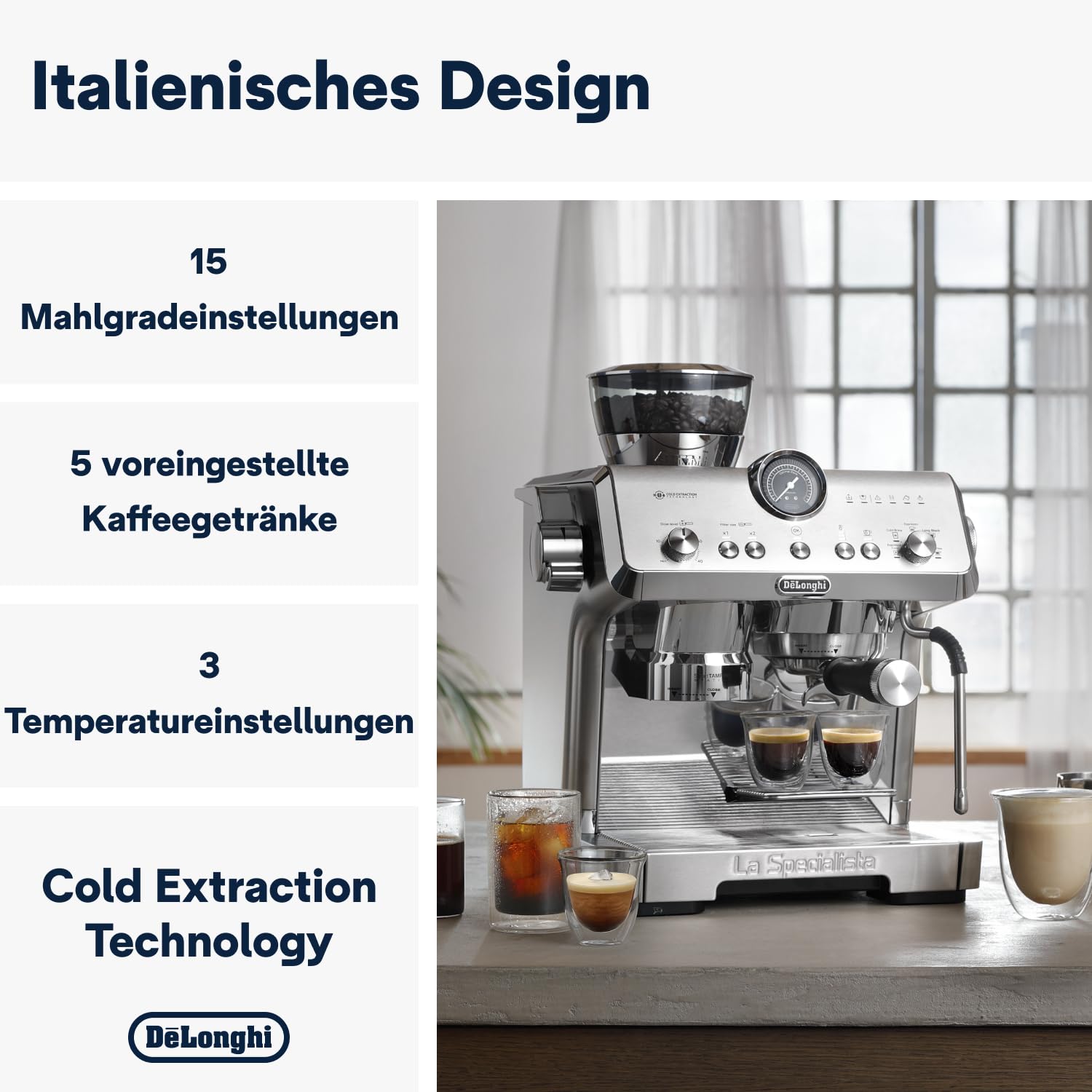 De'Longhi Siebträgermaschine La Specialista Arte EC9155.MB, Espressomaschine mit Mahlwerk, 8 Mahlgrade, 15 Bar, 3 Temperaturen, Milchschaumdüse, 1550W, 1,7L Tank, Edelstahl/Schwarz inkl. Barista-Kit