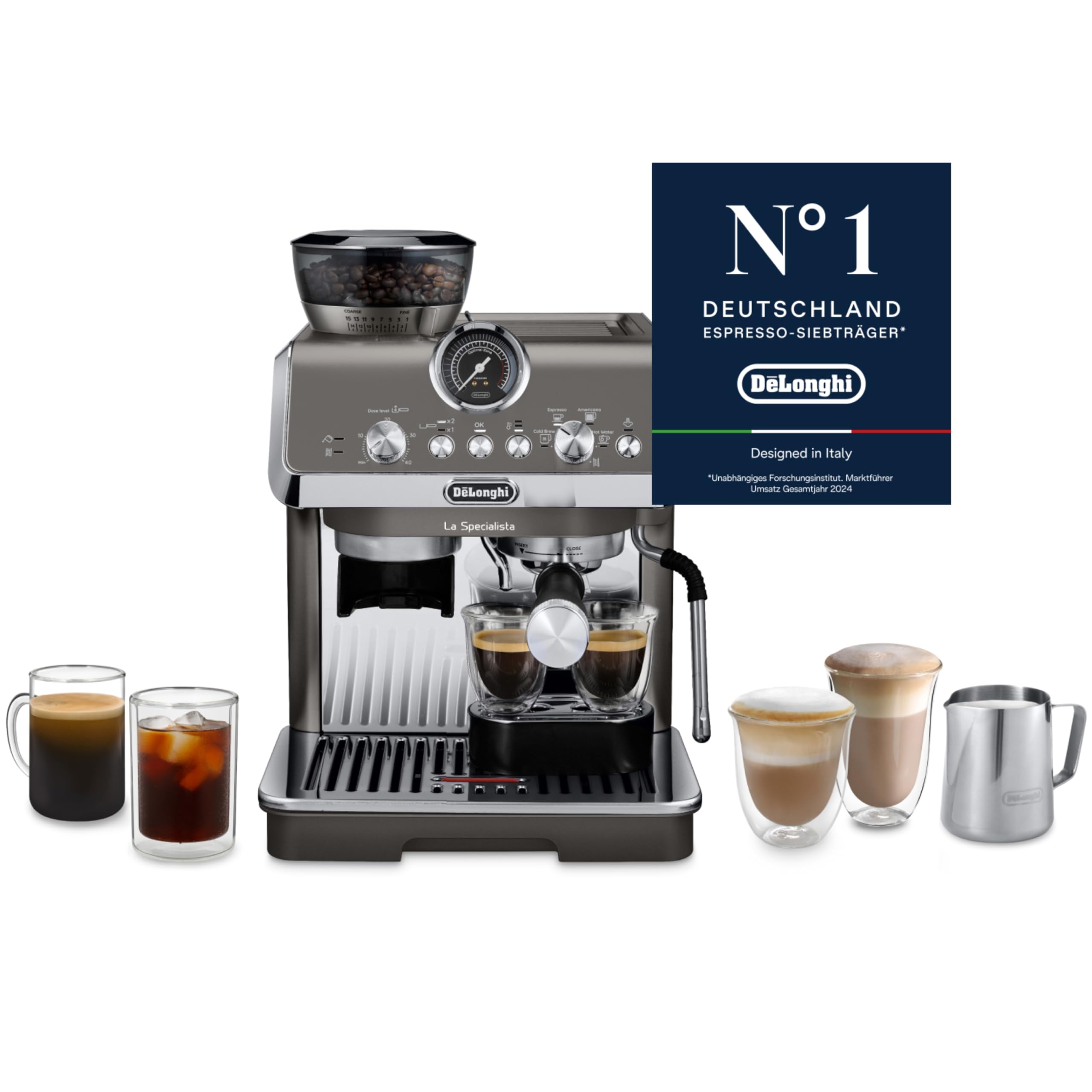 De'Longhi Siebträgermaschine La Specialista Arte EC9155.MB, Espressomaschine mit Mahlwerk, 8 Mahlgrade, 15 Bar, 3 Temperaturen, Milchschaumdüse, 1550W, 1,7L Tank, Edelstahl/Schwarz inkl. Barista-Kit