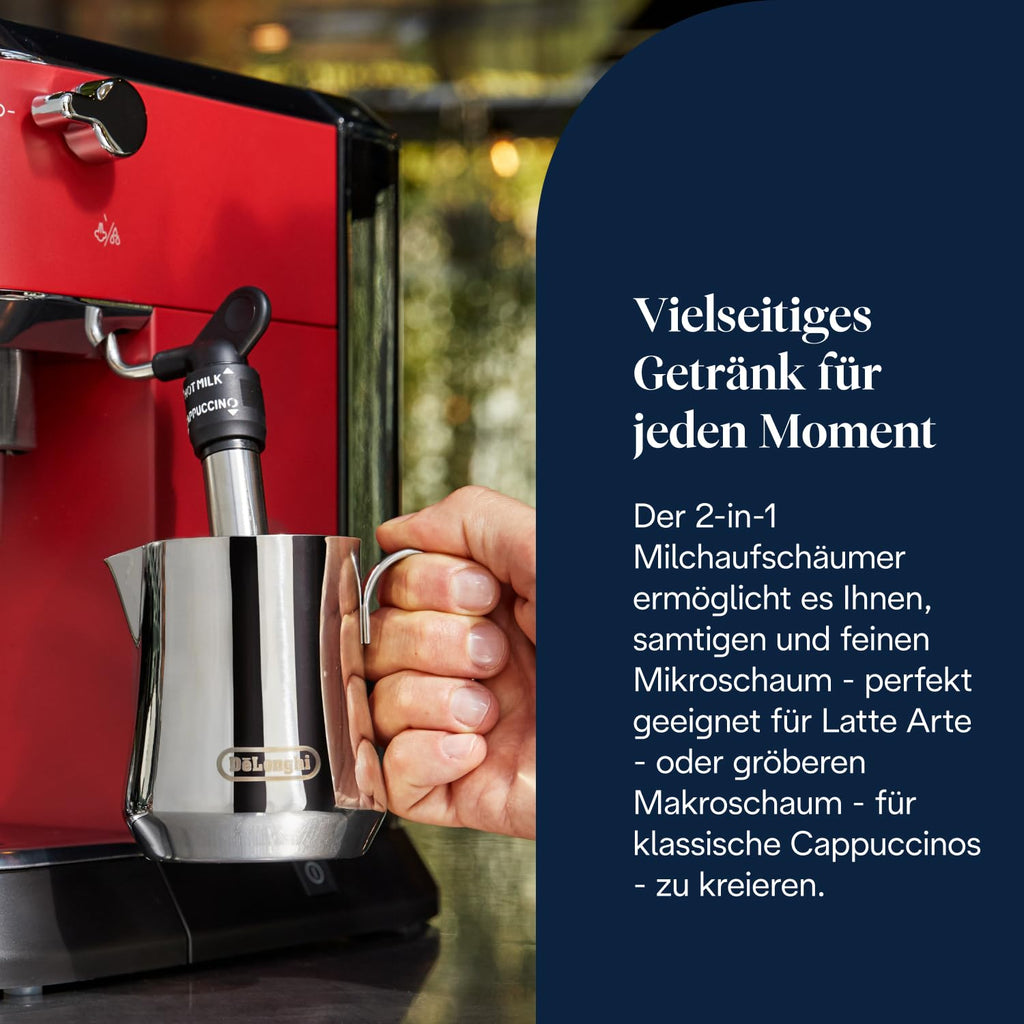 De'Longhi Dedica Duo - Perfetto Kompakte Siebträgermaschine Espressomaschine mit Soft-Touch-Icons, manuellem Milchaufschäumer für Espresso, Cappuccino und Cold Brew, 15cm breit, Metall (EC890.M)