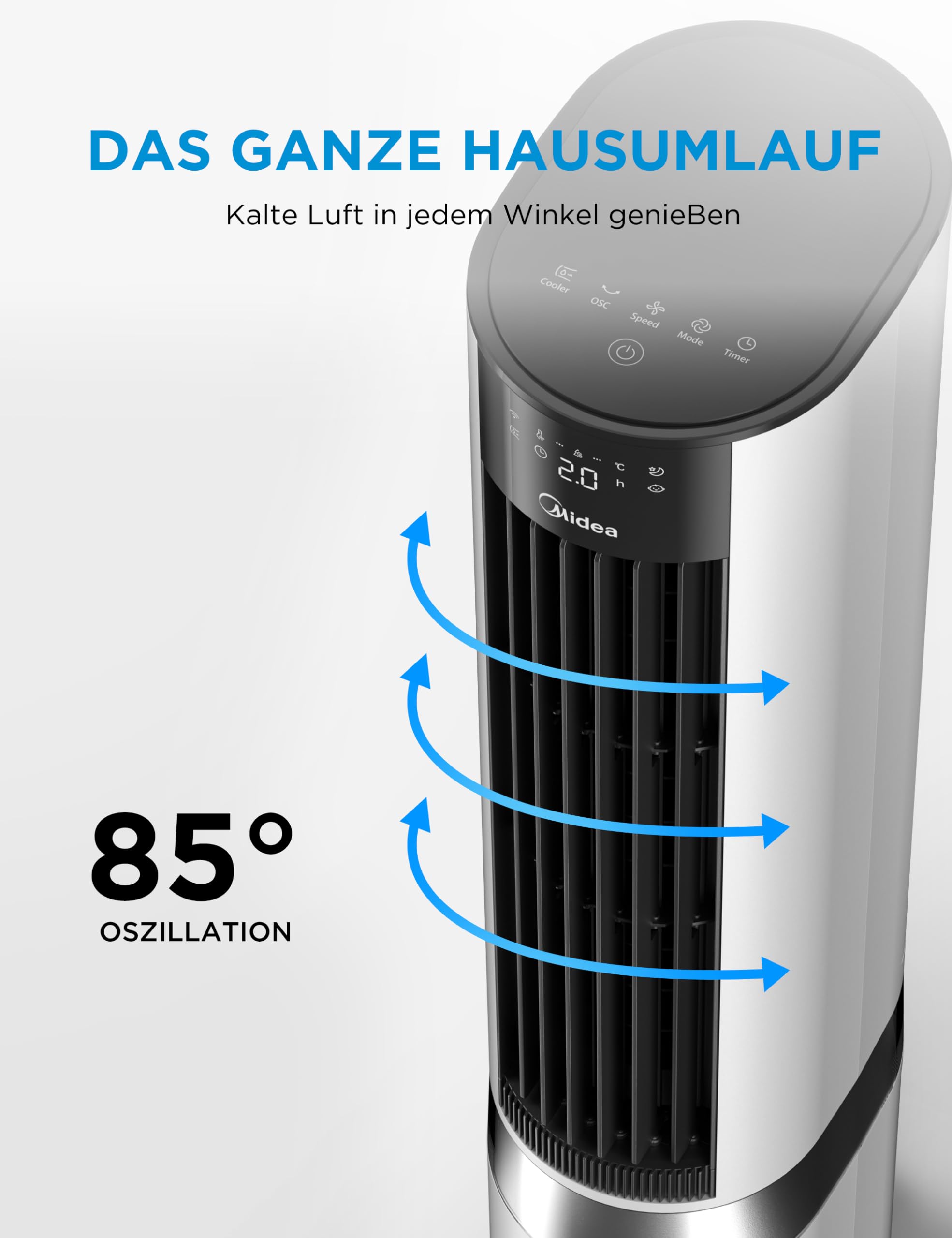 Midea MCF23XRB(WH) Luftkühler, Klimaanlage mobil, 2000m³/h Luftstrom, Sensicool Smart Temp, Ionisator, 6 Geschwindigkeiten, 5 Modi, 12-Stunden-Timer, Touch-Display, 7L Wassertank, Weiß