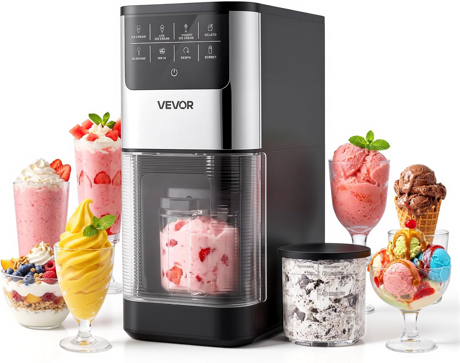 VEVOR Eismaschine, 7-in-1-Gerät für Gelato, Sorbet, Milchshake, Frozen Yogurt & Light-Eiscreme, Hausgemachte Eismaschine mit Ein-Knopf-Funktion zum Einrühren und Nachdrehen, Glatte Cremige Textur