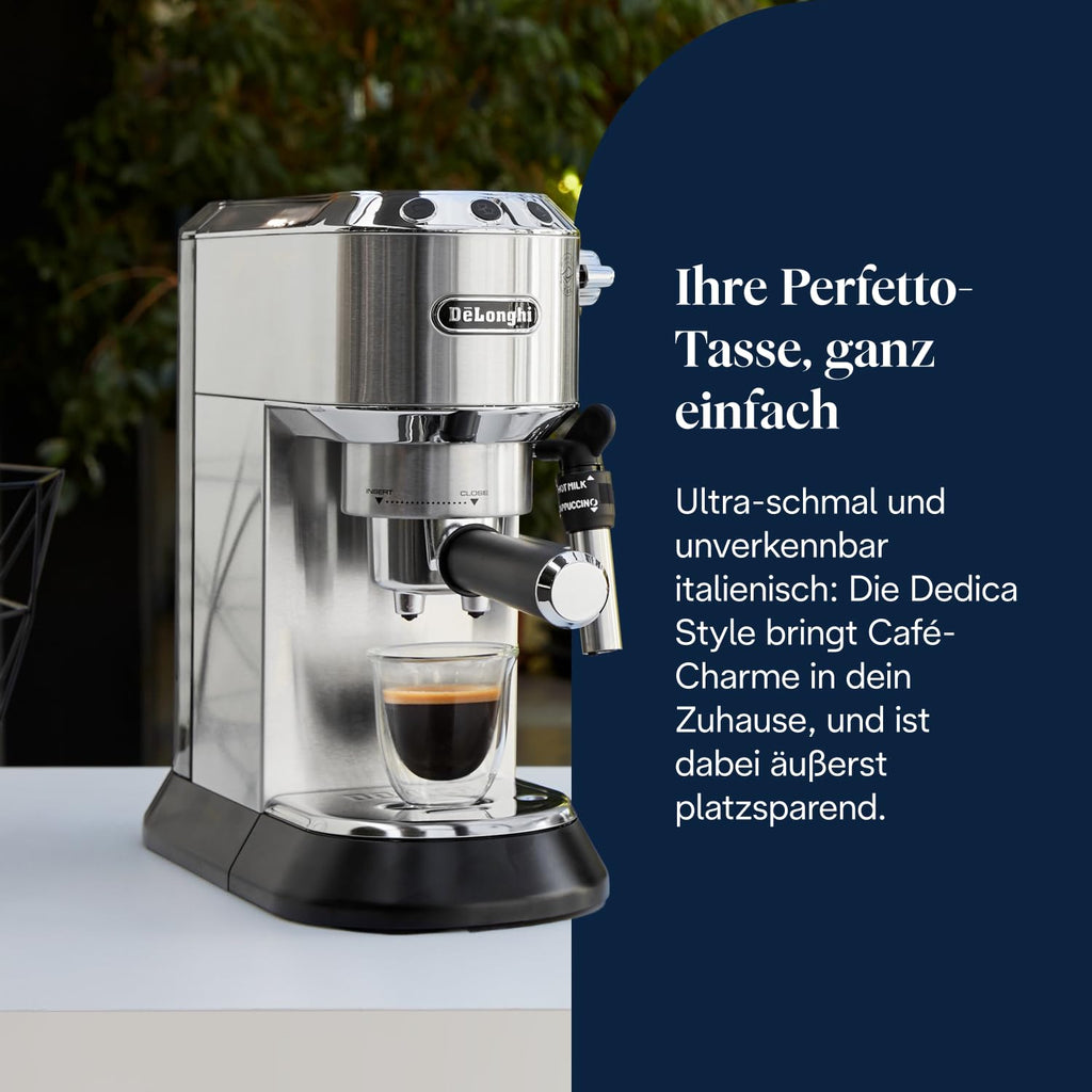 De'Longhi Dedica Duo - Perfetto Kompakte Siebträgermaschine Espressomaschine mit Soft-Touch-Icons, manuellem Milchaufschäumer für Espresso, Cappuccino und Cold Brew, 15cm breit, Metall (EC890.M)