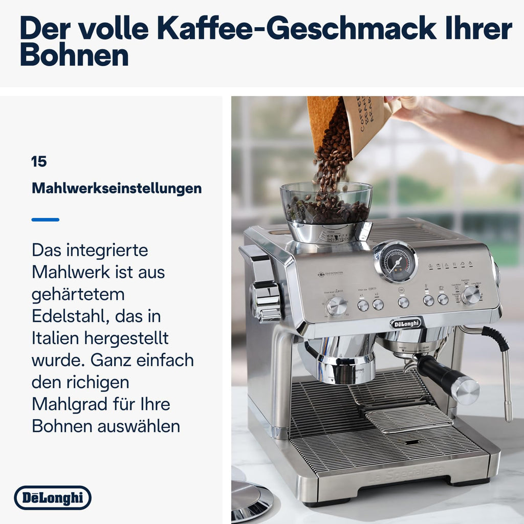 De'Longhi Siebträgermaschine La Specialista Arte EC9155.MB, Espressomaschine mit Mahlwerk, 8 Mahlgrade, 15 Bar, 3 Temperaturen, Milchschaumdüse, 1550W, 1,7L Tank, Edelstahl/Schwarz inkl. Barista-Kit