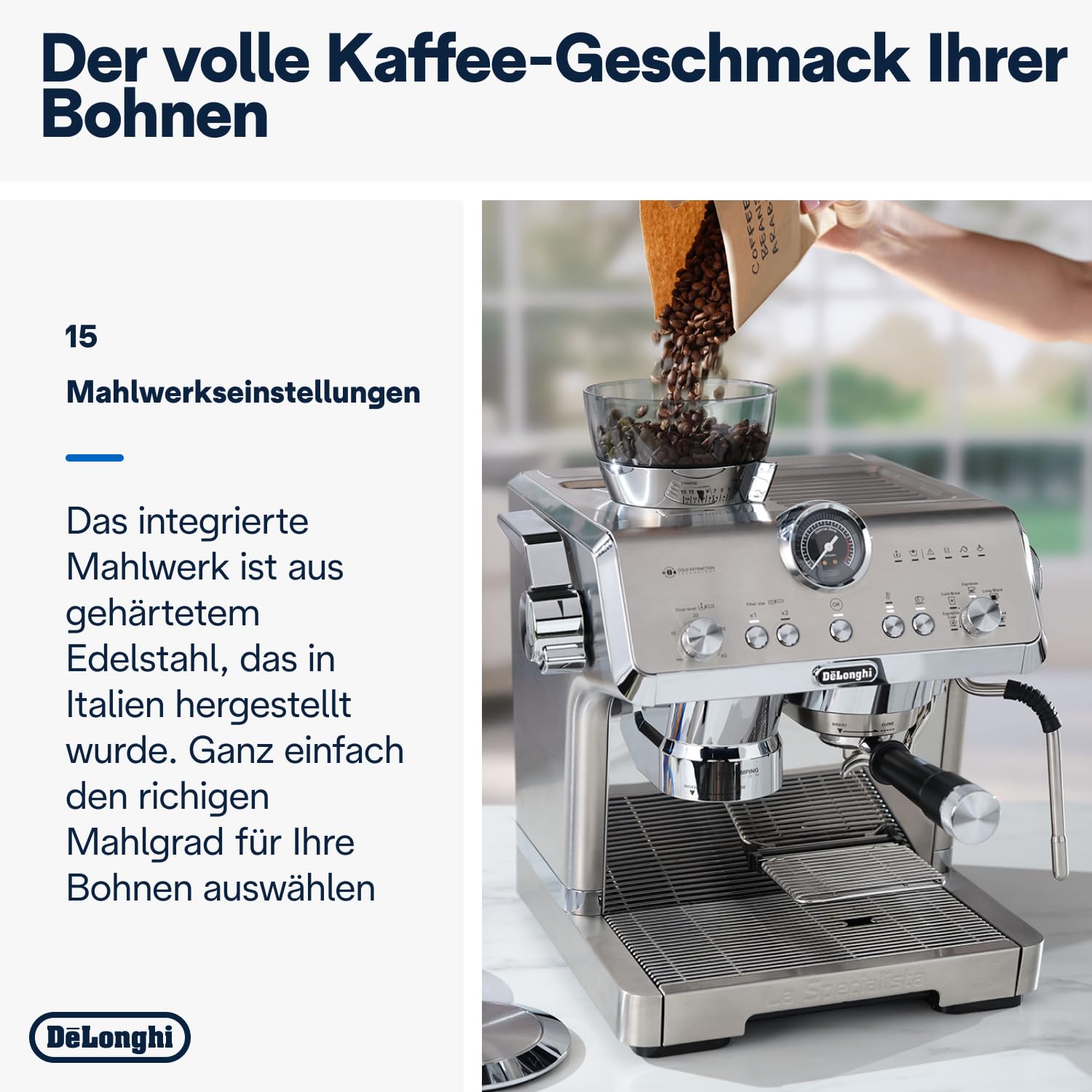 De'Longhi Siebträgermaschine La Specialista Arte EC9155.MB, Espressomaschine mit Mahlwerk, 8 Mahlgrade, 15 Bar, 3 Temperaturen, Milchschaumdüse, 1550W, 1,7L Tank, Edelstahl/Schwarz inkl. Barista-Kit