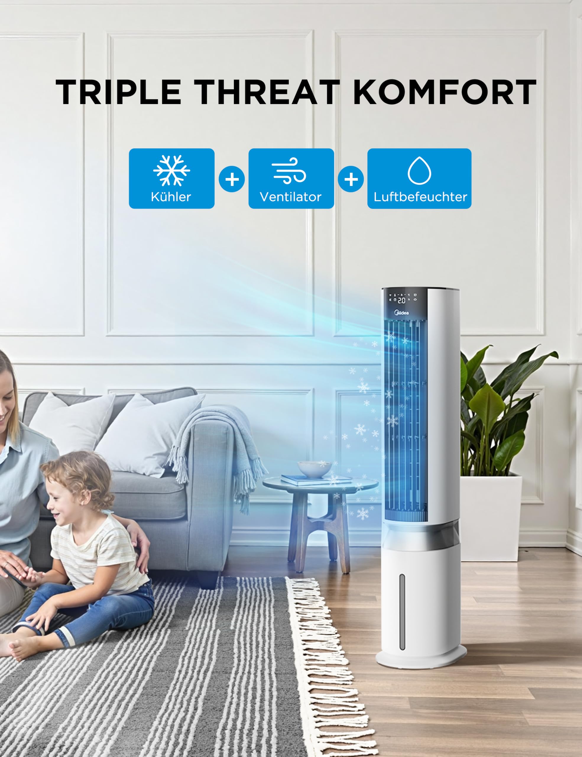 Midea MCF23XRB(WH) Luftkühler, Klimaanlage mobil, 2000m³/h Luftstrom, Sensicool Smart Temp, Ionisator, 6 Geschwindigkeiten, 5 Modi, 12-Stunden-Timer, Touch-Display, 7L Wassertank, Weiß